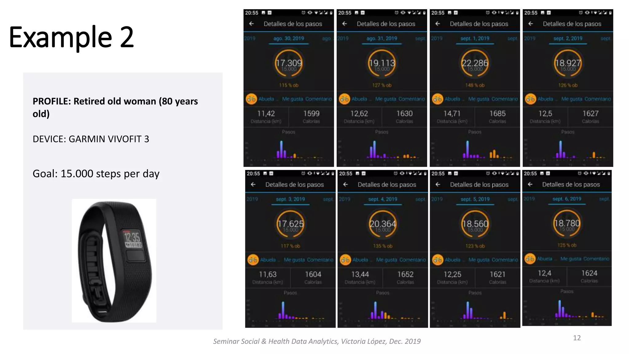 PROFILE: Retired old woman (80 years
old)
DEVICE: GARMIN VIVOFIT 3
Goal: 15.000 steps per day
Example 2
Seminar Social & Health Data Analytics, Victoria López, Dec. 2019 12
 