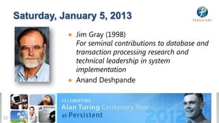 Saturday, January 5, 2013
                ● Jim Gray (1998)
                  For seminal contributions to database and
                  transaction processing research and
                  technical leadership in system
                  implementation
                ● Anand Deshpande




12
 