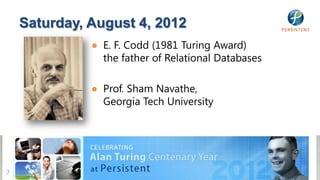 Saturday, August 4, 2012
              ● E. F. Codd (1981 Turing Award)
                the father of Relational Databases

              ● Prof. Sham Navathe,
                Georgia Tech University




7
 