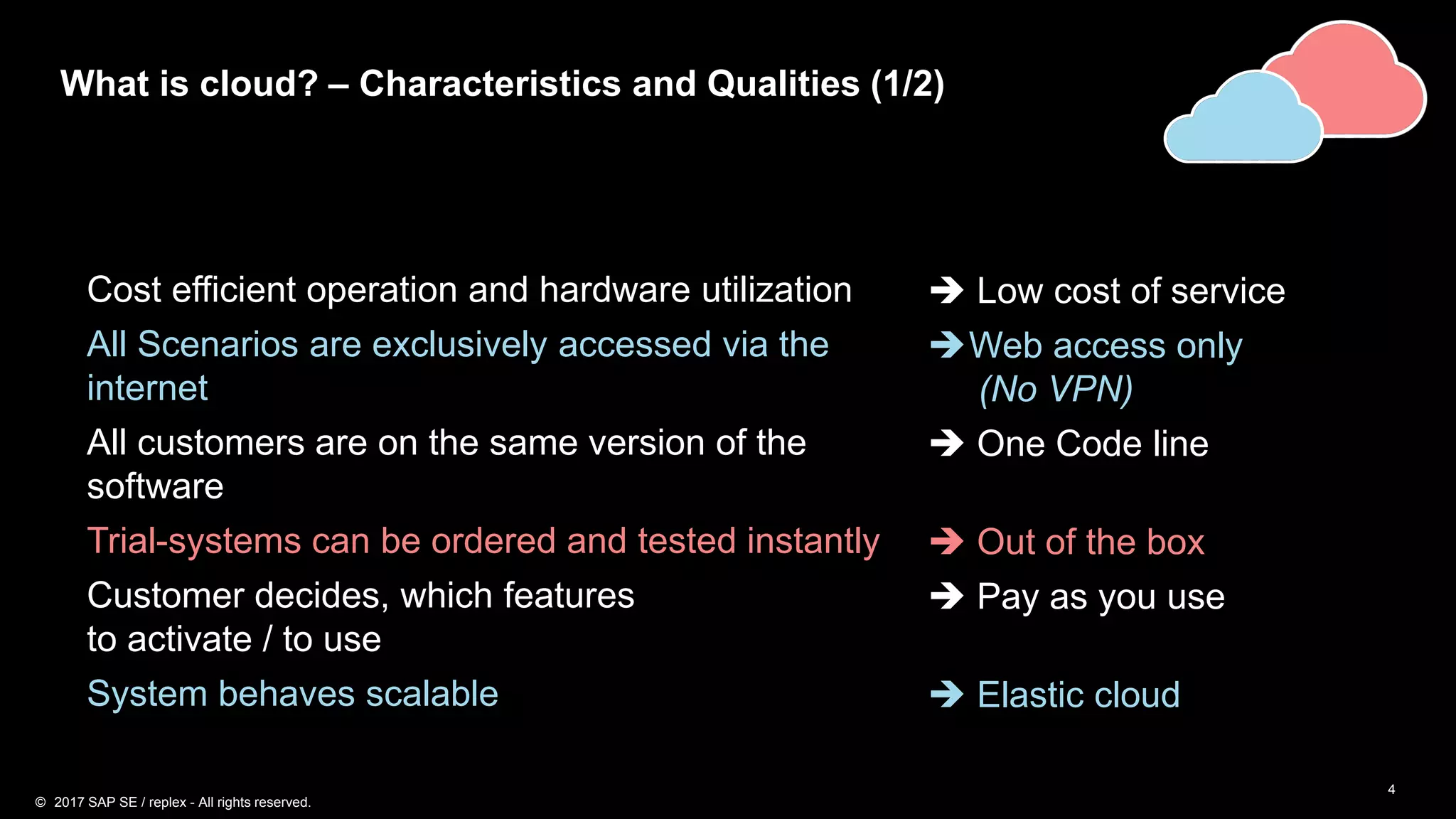 4
What is cloud? – Characteristics and Qualities (1/2)
Cost efficient operation and hardware utilization  Low cost of service
All Scenarios are exclusively accessed via the
internet
Web access only
(No VPN)
All customers are on the same version of the
software
 One Code line
Trial-systems can be ordered and tested instantly  Out of the box
Customer decides, which features
to activate / to use
 Pay as you use
System behaves scalable  Elastic cloud
© 2017 SAP SE / replex - All rights reserved.
 