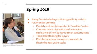 Spring 2016
● Spring Events including continuing publicity activity
● Future series planning
○ Possibly seek outside speaker to “headline” series
○ Continue theme of practical and interactive
discussions on how to have difficult conversations
○ Topic brainstorming for survey
○ Distributed survey to campus community to
determine next year’s topics
Civility Lunch & Learn. September
2015.
 
