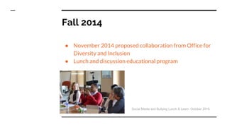 Fall 2014
● November 2014 proposed collaboration from Office for
Diversity and Inclusion
● Lunch and discussion educational program
Social Media and Bullying Lunch & Learn. October 2015.
 