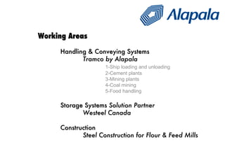 Working Areas Handling & Conveying Systems Tramco by Alapala 1-Ship loading and unloading 2-Cement plants 3-Mining plants 4-Coal mining 5-Food handling Storage Systems  Solution Partner Westeel Canada Construction Steel Construction for Flour & Feed Mills 