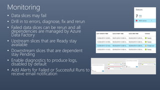 Monitoring
• Data slices may fail
• Drill in to errors, diagnose, fix and rerun
• Failed data slices can be rerun and all
dependencies are managed by Azure
Data Factory
• Upstream slices that are Ready stay
available
• Downstream slices that are dependent
stay Pending
• Enable diagnostics to produce logs,
disabled by default
• Add Alerts for Failed or Successful Runs to
receive email notification
 