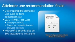 Atteindre une recommandation finale
 L’interopérabilité demande
  une suite de tests
  compréhensive
 W3C HTML5 Test Suite
   Dirigé par le W3C
   Ouvert aux contributions et
    analyses externes
 Microsoft a soumis plus de
  500 tests pour le Test Suite    Tester n’est pas seulement une
                                      affaire de vrai ou faux!
 