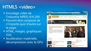 HTML5 <video>
 Encodage vidéo de
  l’industrie MPEG-4/H.264
 Peuvent être composé de
  n’importe quoi d’autre sur
  la page:
 HTML, images, graphiques
  SVG
 Accélération matérielle,
  décompression avec le GPU
 