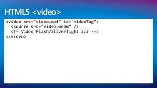 HTML5 <video>
<video src="video.mp4" id="videoTag">
  <source src="video.webm" />
  <!– Vidéo Flash/Silverlight ici -->
</video>
 