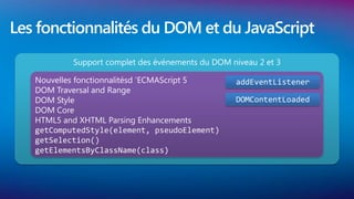 Les fonctionnalités du DOM et du JavaScript
           Support complet des événements du DOM niveau 2 et 3

   Nouvelles fonctionnalitésd ‘ECMAScript 5       addEventListener
   DOM Traversal and Range
   DOM Style                                      DOMContentLoaded
   DOM Core
   HTML5 and XHTML Parsing Enhancements
   getComputedStyle(element, pseudoElement)
   getSelection()
   getElementsByClassName(class)
 