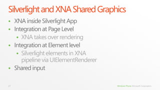 Silverlight and XNA Shared Graphics
 XNA inside Silverlight App
 Integration at Page Level
    XNA takes over rendering
 Integration at Element level
    Silverlight elements in XNA
     pipeline via UIElementRenderer
 Shared input


27                                    Windows Phone Microsoft Corporation.
 