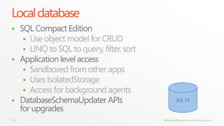 Local database
 SQL Compact Edition
    Use object model for CRUD
    LINQ to SQL to query, filter, sort
 Application level access
    Sandboxed from other apps
    Uses IsolatedStorage
    Access for background agents
 DatabaseSchemaUpdater APIs                      SQL CE

  for upgrades
29                                        Windows Phone Microsoft Corporation.
 