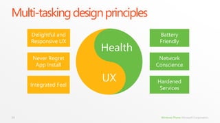 Multi-tasking design principles
     Delightful and                Battery
     Responsive UX                 Friendly
                       Health
     Never Regret                  Network
      App Install                 Conscience


     Integrated Feel
                       UX         Hardened
                                   Services




39                                 Windows Phone Microsoft Corporation.
 
