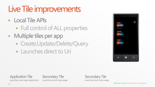 Live Tile improvements
 Local Tile APIs
    Full control of ALL properties
 Multiple tiles per app
    Create,Update/Delete/Query
    Launches direct to Uri




56                                    Windows Phone Microsoft Corporation.
 