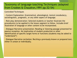 Taxonomy of language-teaching Techniques (adapted
from Crookes & Chaudron,1991 pp.52-54)
Controlled Techniques
4.Content Explanation: Grammatical, phonological, lexical (vocabulary),
sociolinguistic, pragmatic, or any other aspect of language.
5.Role-play demonstration: Selected students or teacher illustrate the
procedure(s) to be applied in the lesson segment to follow. Includes brief
illustration of language or other content to be incorporated.
6.Dialogue/Narrative presentation: Reading or listening passage presented for
passive reception. No implication of student production or other
identification of specific target forms or functions (students may be asked to
“understand”)
7.Dialogue/Narrative recitation: Reciting a previously known or prepared text,
either in unison or individually.
 