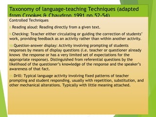 Taxonomy of language-teaching Techniques (adapted
from Crookes & Chaudron,1991 pp.52-54)
Controlled Techniques
8.Reading aloud: Reading directly from a given text.
9.Checking: Teacher either circulating or guiding the correction of students’
work, providing feedback as an activity rather than within another activity.
10.Question-answer display: Activity involving prompting of students
responses by means of display questions (i.e. teacher or questioner already
knows the response or has a very limited set of expectations for the
appropriate response). Distinguished from referential questions by the
likelihood of the questioner’s knowledge of the response and the speaker’s
awareness of that fact.
11.Drill: Typical language activity involving fixed patterns of teacher
prompting and student responding, usually with repetition, substitution, and
other mechanical alterations. Typically with little meaning attached.
 