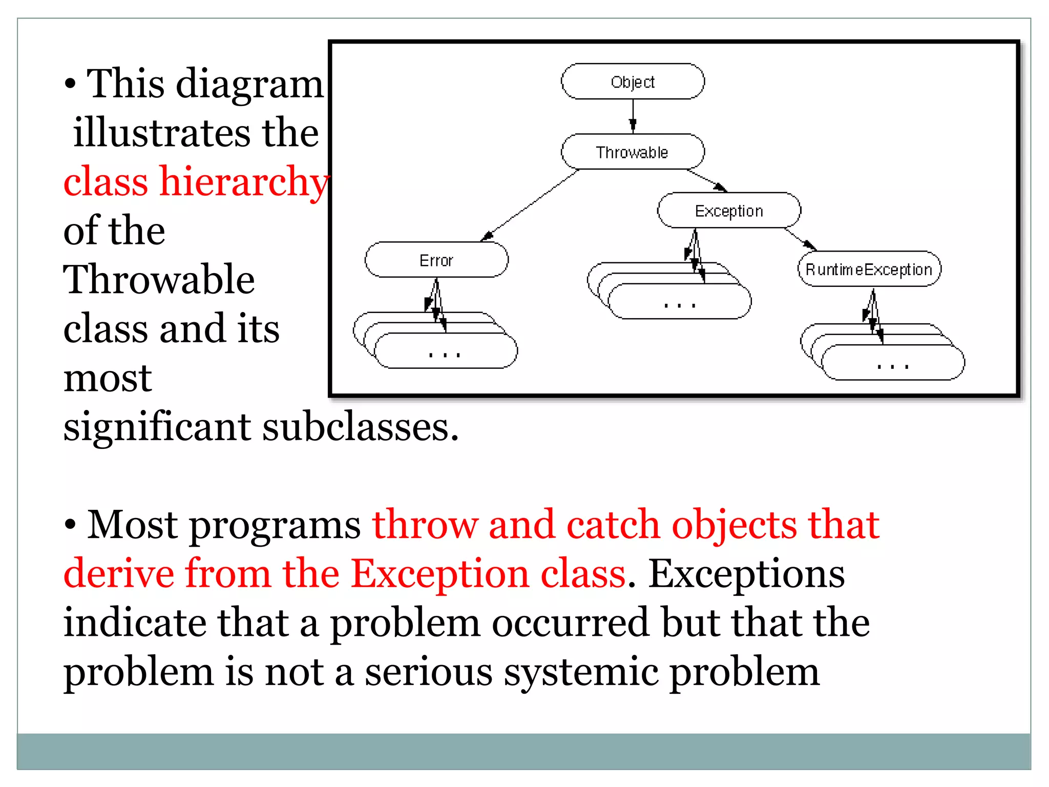 • This diagram illustrates the class hierarchy of the Throwable class and its most significant subclasses. • Most programs throw and catch objects that derive from the Exception class. Exceptions indicate that a problem occurred but that the problem is not a serious systemic problem 