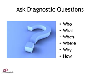 Ask Diagnostic Questions

               •   Who
               •   What
               •   When
               •   Where
               •   Why
               •   How
 