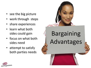 • see the big picture
• work through steps
• share experiences
• learn what both
  sides could gain      Bargaining
• focus on what both
  sides need            Advantages
• attempt to satisfy
  both parties needs
 