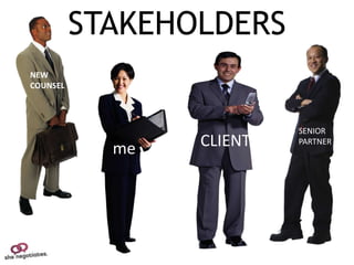 STAKEHOLDERS
NEW
COUNSEL

                                ME
                                SENIOR

            me   YOU
                       CLIENT   PARTNER
 