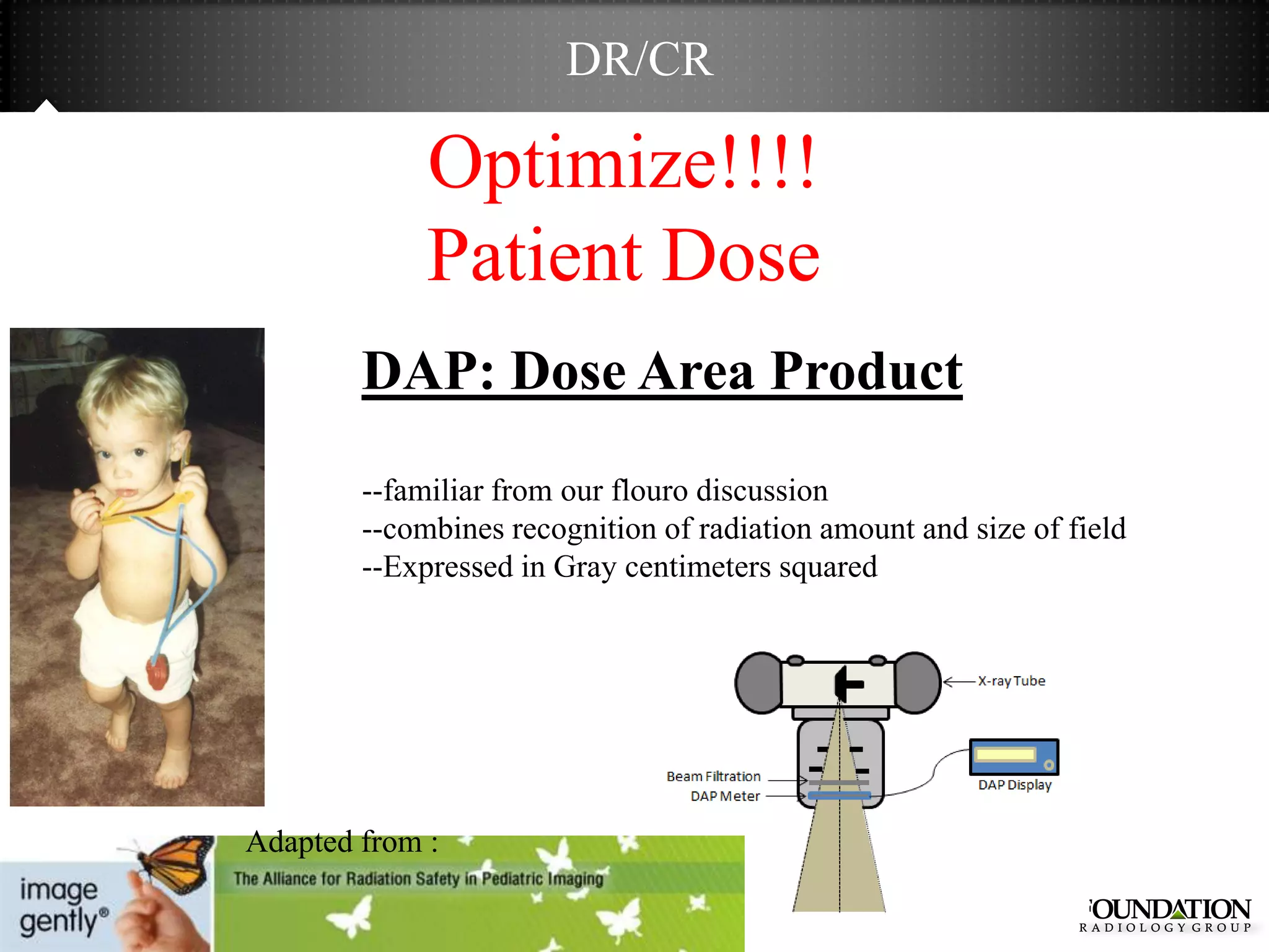 DR/CR

             Optimize!!!!
             Patient Dose
        DAP: Dose Area Product
        --familiar from our flouro discussion
        --combines recognition of radiation amount and size of field
        --Expressed in Gray centimeters squared




Adapted from :
 