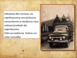 Ademais dos cereais, as repoboacións con piñeiros converteron a madeira nun valioso produto de exportación.  Oito serradoiros  había no  noso concello. 