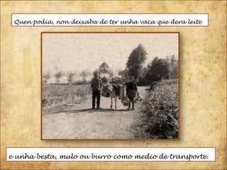 Quen podía, non deixaba de ter unha vaca que dera leite  e unha besta, mulo ou burro como medio de transporte. 