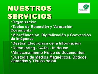 NUESTROSNUESTROS
SERVICIOSSERVICIOS
OrganizaciónOrganización
Tablas de Retención y ValoraciónTablas de Retención y Valoración
DocumentalDocumental
Microfilmación, Digitalización y ConversiónMicrofilmación, Digitalización y Conversión
de Imágenesde Imágenes
Gestión Electrónica de la InformaciónGestión Electrónica de la Información
Outsourcing - CADs - In HouseOutsourcing - CADs - In House
Almacenamiento Físico de DocumentosAlmacenamiento Físico de Documentos
Custodia de Medios Magnéticos, Ópticos,Custodia de Medios Magnéticos, Ópticos,
Garantías y Títulos ValoRGarantías y Títulos ValoR
 