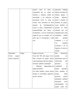 moral”, pues la meta es 
compartida por un grupo de 
alumnos y alumnas, donde las 
actividades y los esfuerzos se 
encaminan hacia la meta en 
común. Esta estructura de meta 
requiere de interdependencia 
social, es decir, compartiendo la 
responsabilidad por lograr la 
recompensa, e invoca sensaciones 
negativas por no cumplir con la 
parte que le corresponde a cada 
uno. 
queremos trabajar 
alguna actividad de 
manera grupal, y 
donde debemos 
poner a prueba el 
dominio de grupo, 
como también el 
general un buen 
material que sea 
integrado para cada 
estudiante, donde 
todos puedan 
compartir, y a la 
vez también 
evaluarse y ver si 
lograron la meta en 
común. 
Desarrollo 
Físico: juegos 
físicos vigorosos 
Piaget Juego en el recreo. 
Cerca del 10% del juego al aire 
libre consiste de juegos físicos 
vigorosos(juego rudo que implica 
forcejear, golpear y perseguir) 
-con 
reglas.Ej:beisbol. 
Las niñas tienden a pasar menos 
tiempo en actividades deportivas 
que los varones. 
Esta situaciones 
pueden ser 
perjudícales para la 
efectividad del 
proyecto, ya 
contribuiría al 
propio desorden 
como también al 
propio daño 
personal, quizás 
podríamos también 
demostrar otras 
oportunidades de 
juegos como los 
 