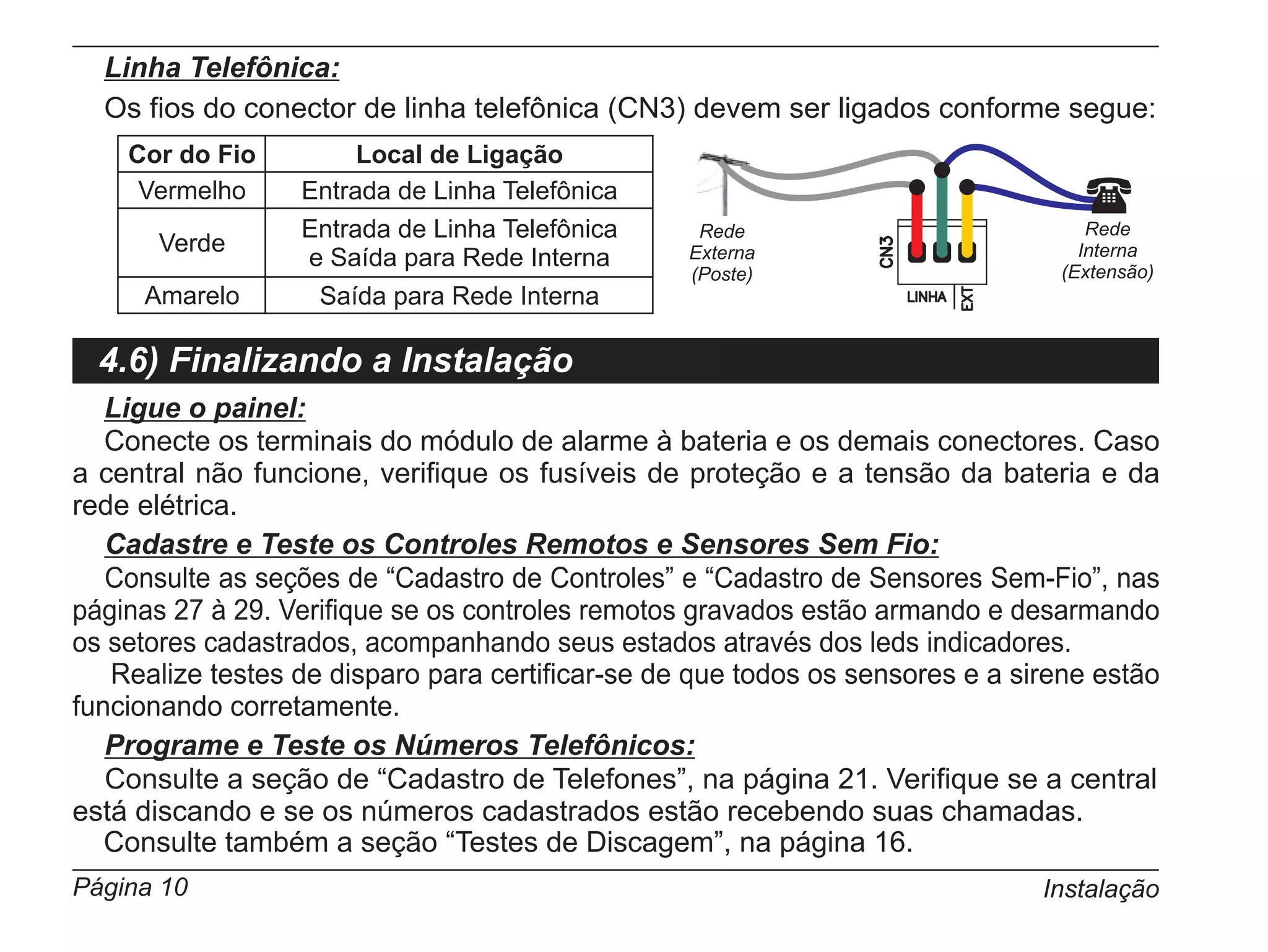 Linha Telefônica:
  Os fios do conector de linha telefônica (CN3) devem ser ligados conforme segue:
    Cor do Fio         Local de Ligação
     Vermelho     Entrada de Linha Telefônica
                  Entrada de Linha Telefônica
                                                                                  (Rede
                                                   Rede
       Verde                                      Externa                         Interna
                  e Saída para Rede Interna                                     (Extensão)
                                                  (Poste)
     Amarelo        Saída para Rede Interna

  4.6) Finalizando a Instalação
   Ligue o painel:
   Conecte os terminais do módulo de alarme à bateria e os demais conectores. Caso
a central não funcione, verifique os fusíveis de proteção e a tensão da bateria e da
rede elétrica.
   Cadastre e Teste os Controles Remotos e Sensores Sem Fio:
   Consulte as seções de “Cadastro de Controles” e “Cadastro de Sensores Sem-Fio”, nas
páginas 27 à 29. Verifique se os controles remotos gravados estão armando e desarmando
os setores cadastrados, acompanhando seus estados através dos leds indicadores.
   Realize testes de disparo para certificar-se de que todos os sensores e a sirene estão
funcionando corretamente.
   Programe e Teste os Números Telefônicos:
   Consulte a seção de “Cadastro de Telefones”, na página 21. Verifique se a central
está discando e se os números cadastrados estão recebendo suas chamadas.
   Consulte também a seção “Testes de Discagem”, na página 16.
Página 10                                                                      Instalação
 