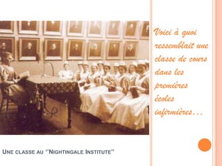 UNE CLASSE AU ‘’NIGHTINGALE INSTITUTE’’
Voici à quoi
ressemblait une
classe de cours
dans les
premières
écoles
infirmières…
 