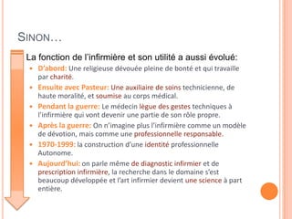 SINON…
 La fonction de l’infirmière et son utilité a aussi évolué:
 D’abord: Une religieuse dévouée pleine de bonté et qui travaille
par charité.
 Ensuite avec Pasteur: Une auxiliaire de soins technicienne, de
haute moralité, et soumise au corps médical.
 Pendant la guerre: Le médecin lègue des gestes techniques à
l’infirmière qui vont devenir une partie de son rôle propre.
 Après la guerre: On n’imagine plus l’infirmière comme un modèle
de dévotion, mais comme une professionnelle responsable.
 1970-1999: la construction d’une identité professionnelle
Autonome.
 Aujourd’hui: on parle même de diagnostic infirmier et de
prescription infirmière, la recherche dans le domaine s’est
beaucoup développée et l’art infirmier devient une science à part
entière.
 
