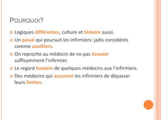 POURQUOI?
 Logiques différentes, culture et histoire aussi.
 Un passé qui poursuit les infirmiers: jadis considérés
comme auxilliers.
 On reproche au médecin de ne pas écouter
suffisamment l’infirmier.
 Le regard hautain de quelques médecins aux l’infirmiers.
 Des médecins qui accusent les infirmiers de dépasser
leurs limites.
 