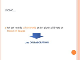 DONC...
 On est loin de la hiérarchie on est plutôt allé vers un
travail en équipe
Une COLLABORATION
 