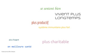 @alexismonville #atbdx
se sentent bien
vivent plus
longtemps
plus charitable
en meilleure santé
système immunitaire plus fort
plus productif
 