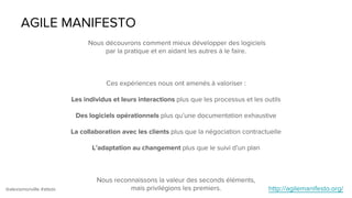@alexismonville #atbdx
AGILE MANIFESTO
Nous découvrons comment mieux développer des logiciels
par la pratique et en aidant les autres à le faire.
Ces expériences nous ont amenés à valoriser :
Les individus et leurs interactions plus que les processus et les outils
Des logiciels opérationnels plus qu’une documentation exhaustive
La collaboration avec les clients plus que la négociation contractuelle
L’adaptation au changement plus que le suivi d’un plan
Nous reconnaissons la valeur des seconds éléments,
mais privilégions les premiers. http://agilemanifesto.org/
 