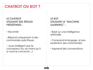 CHATBOT OU BOT ?
LE CHATBOT
UTILISANT DES RÈGLES
PRÉDÉFINIES :
• Très limité
• Répond uniquement à des
commandes spécifiques
• Aussi intelligent que le
concepteur (ou du moins qu’il
a voulu le concevoir…)
LE BOT
UTILISANT LE “MACHINE
LEARNING” :
• Basé sur une intelligence
artificielle
• Comprend le langage, et pas
seulement des commandes.
• Apprend des conversations
 