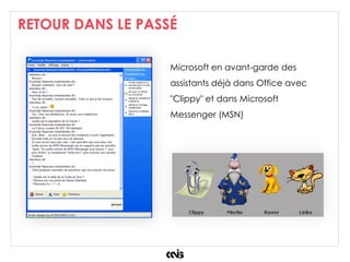 RETOUR DANS LE PASSÉ
Microsoft en avant-garde des
assistants déjà dans Office avec
"Clippy" et dans Microsoft
Messenger (MSN)
 