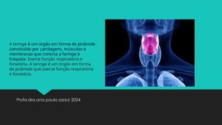 Profa.dra.ana paula zarzur 2024
A laringe é um órgão em forma de pirâmide
constituído por cartilagens, músculos e
membranas que conecta a faringe à
traqueia. Exerce função respiratória e
fonatória. A laringe é um órgão em forma
de pirâmide que exerce função respiratória
e fonatória.
 