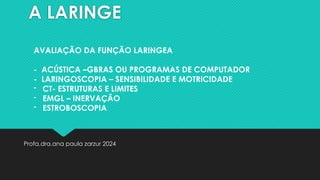 A LARINGE
Profa.dra.ana paula zarzur 2024
AVALIAÇÃO DA FUNÇÃO LARINGEA
- ACÚSTICA –GBRAS OU PROGRAMAS DE COMPUTADOR
- LARINGOSCOPIA – SENSIBILIDADE E MOTRICIDADE
- CT- ESTRUTURAS E LIMITES
- EMGL – INERVAÇÃO
- ESTROBOSCOPIA
 