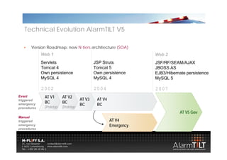 Technical Evolution AlarmTILT V5

       Version Roadmap: new N-tiers architecture (SOA)
             Web 1                                                   Web 2
             Servlets                           JSP Struts           JSF/RF/SEAM/AJAX
             Tomcat 4                           Tomcat 5             JBOSS AS
             Own persistence                    Own persistence      EJB3/Hibernate persistence
             MySQL 4
              y                                 MySQL 4
                                                 y                   MySQL 5
                                                                      y

             2002                               2004                 2007
Event         AT V1       AT V2
triggered                               AT V3    AT V4
              BC          BC
emergency                               BC       BC
procedures    (Prototype) (Prototype)
                                                                                AT V5 Gov
Manual
M      l
triggered                                                AT V4
emergency                                                Emergency
procedures
 