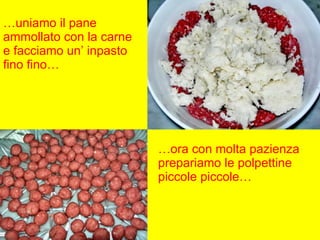 … uniamo il pane ammollato con la carne e facciamo un’ inpasto fino fino… … ora con molta pazienza prepariamo le polpettine piccole piccole… 
