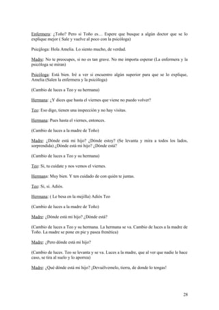 Enfermera: ¿Toño? Pero si Toño es… Espere que busque a algún doctor que se lo
explique mejor ( Sale y vuelve al poco con la psicóloga)
Psicóloga: Hola Amelia. Lo siento mucho, de verdad.
Madre: No te preocupes, si no es tan grave. No me importa esperar (La enfermera y la
psicóloga se miran)
Psicóloga: Está bien. Iré a ver si encuentro algún superior para que se lo explique,
Amelia (Salen la enfermera y la psicóloga)
(Cambio de luces a Teo y su hermana)
Hermana: ¿Y dices que hasta el viernes que viene no puedo volver?
Teo: Eso digo, tienen una inspección y no hay visitas.
Hermana: Pues hasta el viernes, entonces.
(Cambio de luces a la madre de Toño)
Madre: ¿Dónde está mi hijo? ¿Dónde estoy? (Se levanta y mira a todos los lados,
sorprendida) ¿Dónde está mi hijo? ¿Dónde está?
(Cambio de luces a Teo y su hermana)
Teo: Si, tu cuídate y nos vemos el viernes.
Hermana: Muy bien. Y ten cuidado de con quién te juntas.
Teo: Si, si. Adiós.
Hermana: ( Le besa en la mejilla) Adiós Teo
(Cambio de luces a la madre de Toño)
Madre: ¿Dónde está mi hijo? ¿Dónde está?
(Cambio de luces a Teo y su hermana. La hermana se va. Cambio de luces a la madre de
Toño. La madre se pone en pie y pasea frenética)
Madre: ¿Pero dónde está mi hijo?
(Cambio de luces. Teo se levanta y se va. Luces a la madre, que al ver que nadie le hace
caso, se tira al suelo y lo aporrea)
Madre: ¿Qué dónde está mi hijo? ¡Devuélvemelo, tierra, de donde lo tengas!

28

 