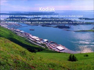 Kodiak It is one of 6 communities and the main city on Kodiak Island in Kodiak Island Borough in the U.S. state of Alaska. All commercial transportation between the entire island and the outside world goes through this city either via ferryboat or airline. 