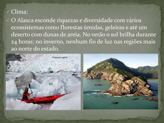  Clima:
 O Alasca esconde riquezas e diversidade com vários

ecossistemas como florestas úmidas, geleiras e até um
deserto com dunas de areia. No verão o sol brilha durante
24 horas; no inverno, nenhum fio de luz nas regiões mais
ao norte do estado.

 
