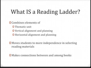 What IS a Reading Ladder?
0 Combines elements of
   0 Thematic unit
   0 Vertical alignment and planning
   0 Horizontal alignment and planning


0 Moves students to more independence in selecting
 reading materials

0 Makes connections between and among books
 