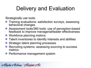 Delivery and Evaluation Strategically use tools: Training evaluations: satisfaction surveys, assessing behavioral changes Assessment tools/360 tools: use of perception-based feedback to improve managerial/leader effectiveness Workforce planning metrics Talent inventories to identify interests and abilities Strategic talent planning processes Recruiting systems: assessing sourcing to success metrics Performance management system 