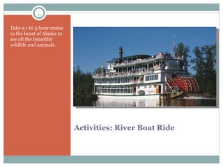 Activities: River Boat Ride Take a 1 to 3 hour cruise to the heart of Alaska to see all the beautiful wildlife and animals. 