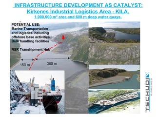 INFRASTRUCTURE DEVELOPMENT AS CATALYST:
Kirkenes Industrial Logistics Area - KILA.
1.000.000 m² area and 600 m deep water quays.
6
POTENTIAL USE:
Marine Transportation
and logistics including
offshore base activities.
Bulk handling facilities
NSR Transhipment Hub
 