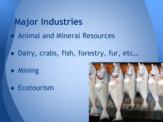 Major Industries
● Animal and Mineral Resources
● Dairy, crabs, fish, forestry, fur, etc…

● Mining
● Ecotourism

 
