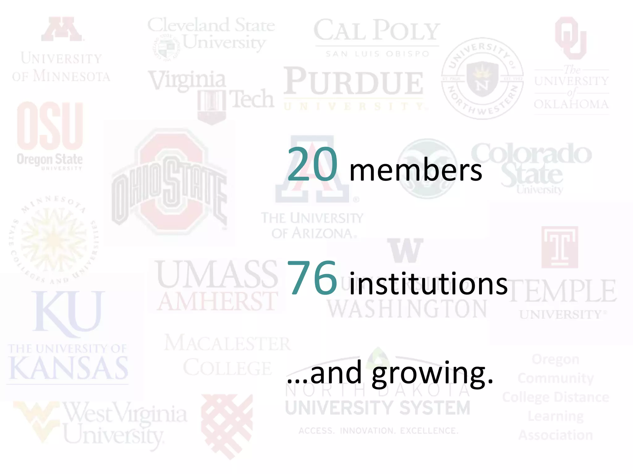Oregon
Community
College Distance
Learning
Association
20 members
76 institutions
…and growing.
 