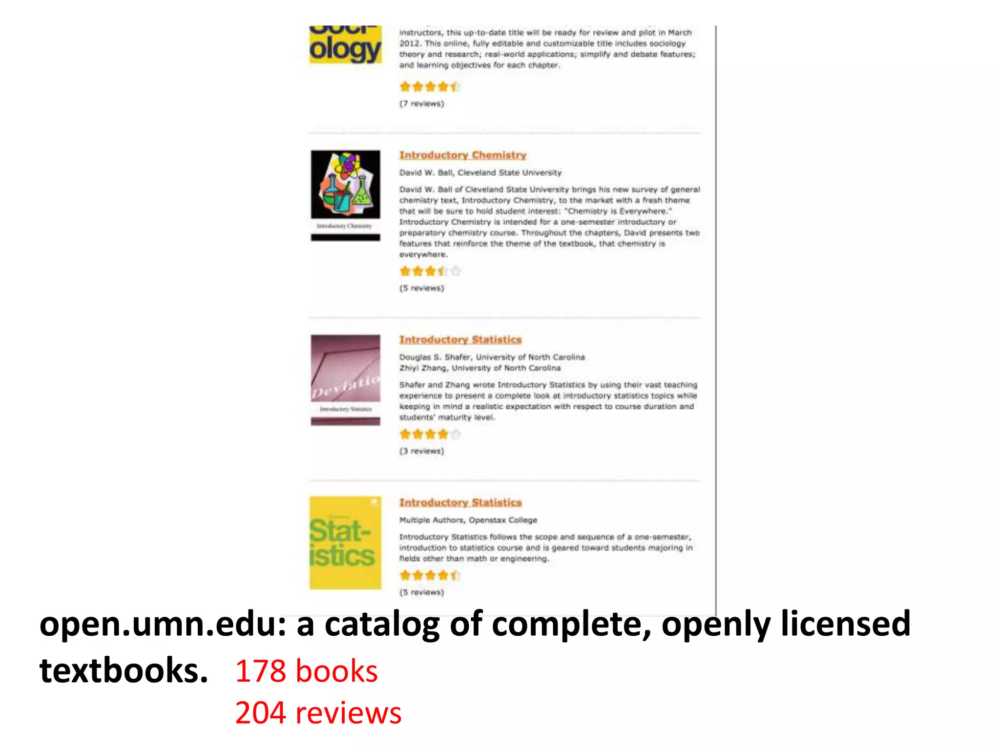 178 books
204 reviews
open.umn.edu: a catalog of complete, openly licensed
textbooks.
 